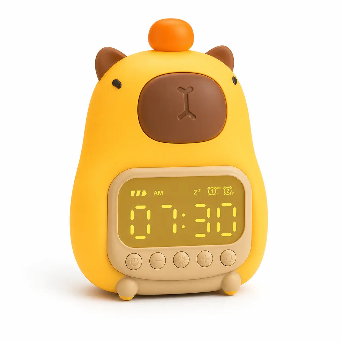 Réveil veilleuse capybara jaune avec une petite orange sur la tête et un écran numérique affichant l'heure sur fond blanc.
