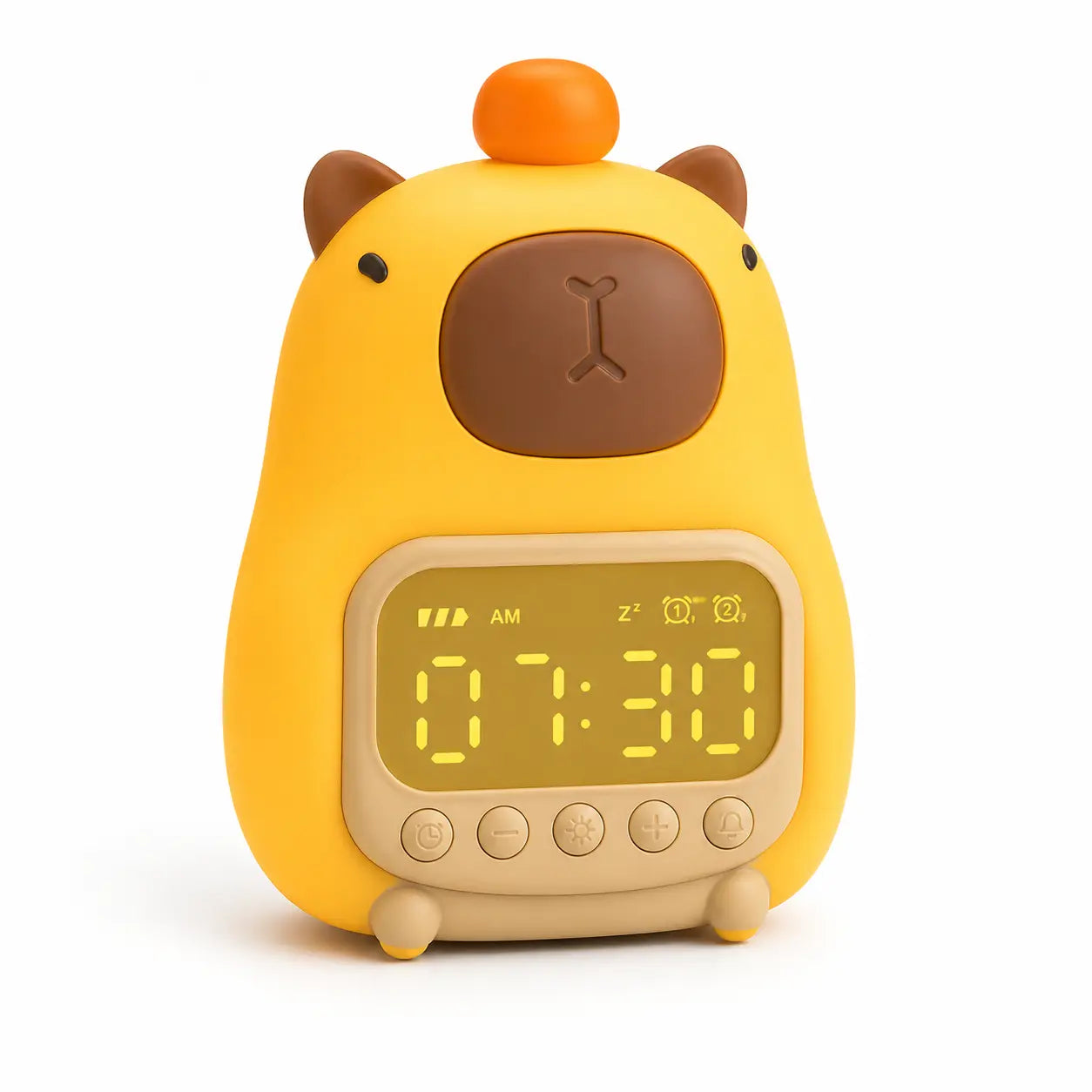 Réveil veilleuse capybara jaune avec une petite orange sur la tête et un écran numérique affichant l'heure sur fond blanc.