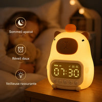 Infographie montrant le réveil veilleuse capybara éclairé à côté d'un enfant qui dort paisiblement.