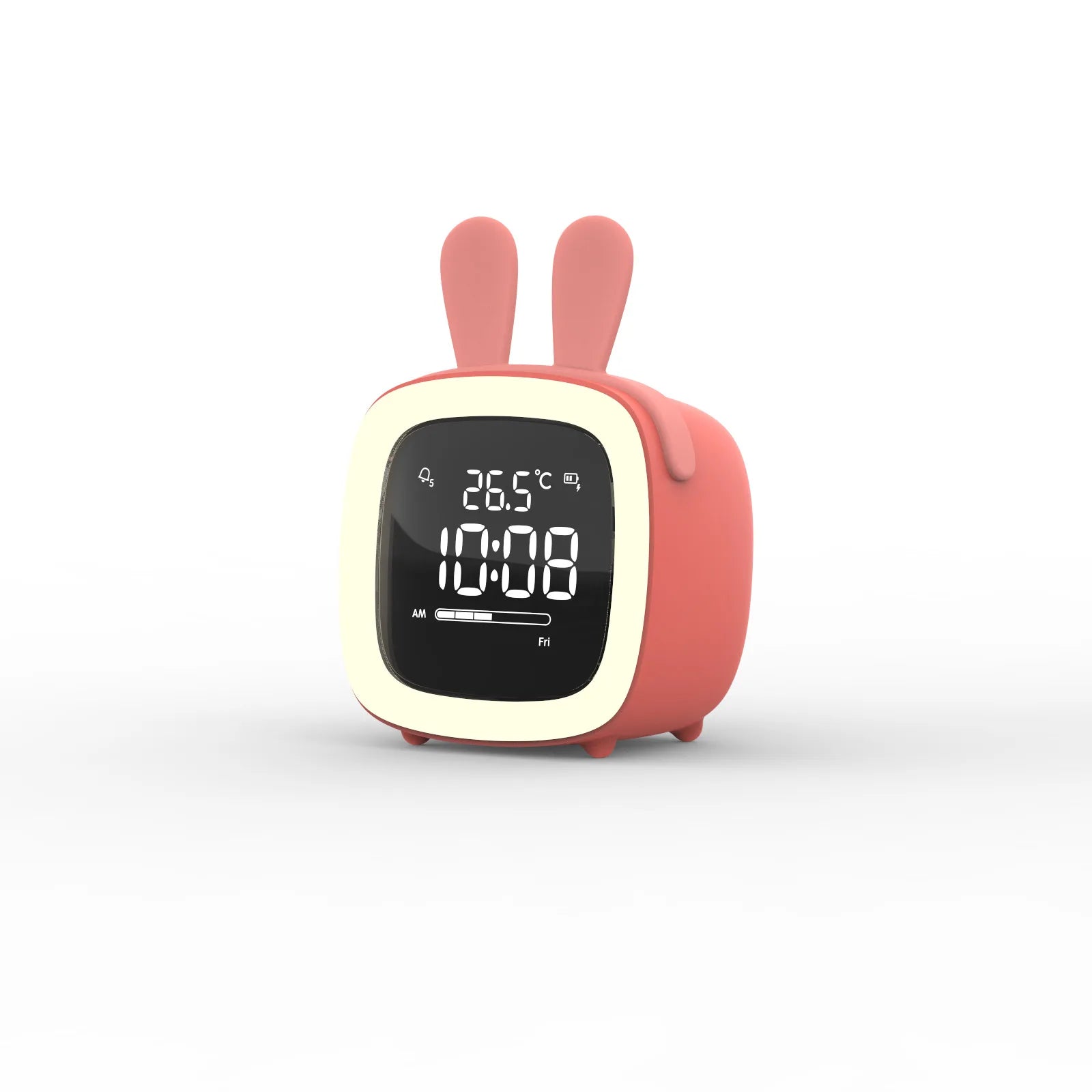 Réveil veilleuse de chevet couleur corail avec des oreilles de lapin roses et son écran numérique rétroéclairé sur fond blanc.