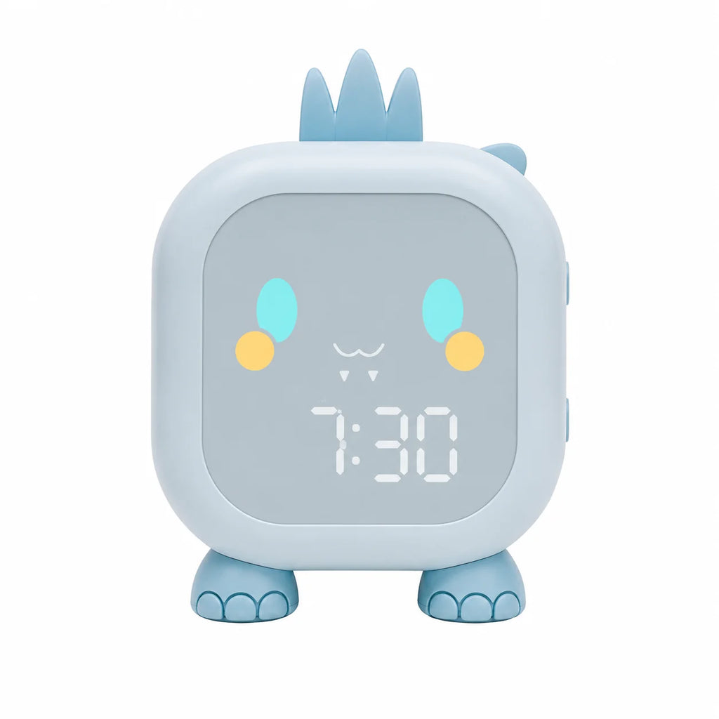 Réveil veilleuse dinosaure de couleur bleue avec affichage numérique de l'heure et visage lumineux mignon sur fond blanc.
