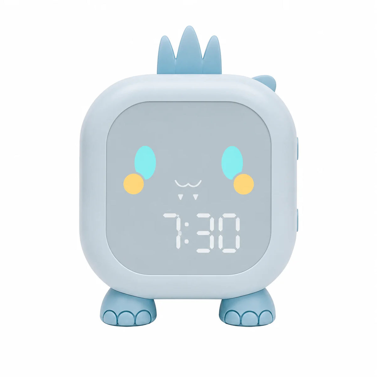 Réveil veilleuse dinosaure de couleur bleue avec affichage numérique de l'heure et visage lumineux mignon sur fond blanc.