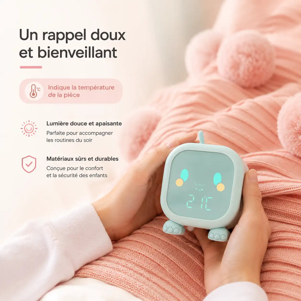 Infographie montrant le réveil veilleuse dinosaure vert tenu dans les mains, affichant la température de la pièce.