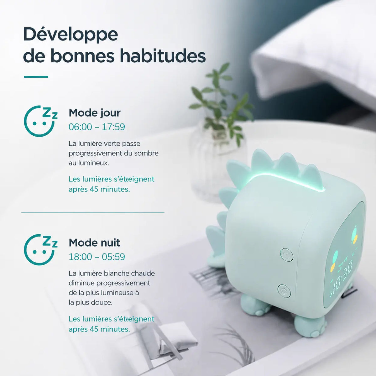 Infographie expliquant le fonctionnement du mode jour et du mode nuit sur le réveil veilleuse dinosaure vert.