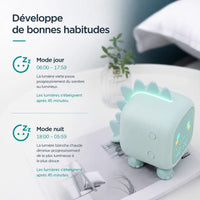 Infographie expliquant le fonctionnement du mode jour et du mode nuit sur le réveil veilleuse dinosaure vert.