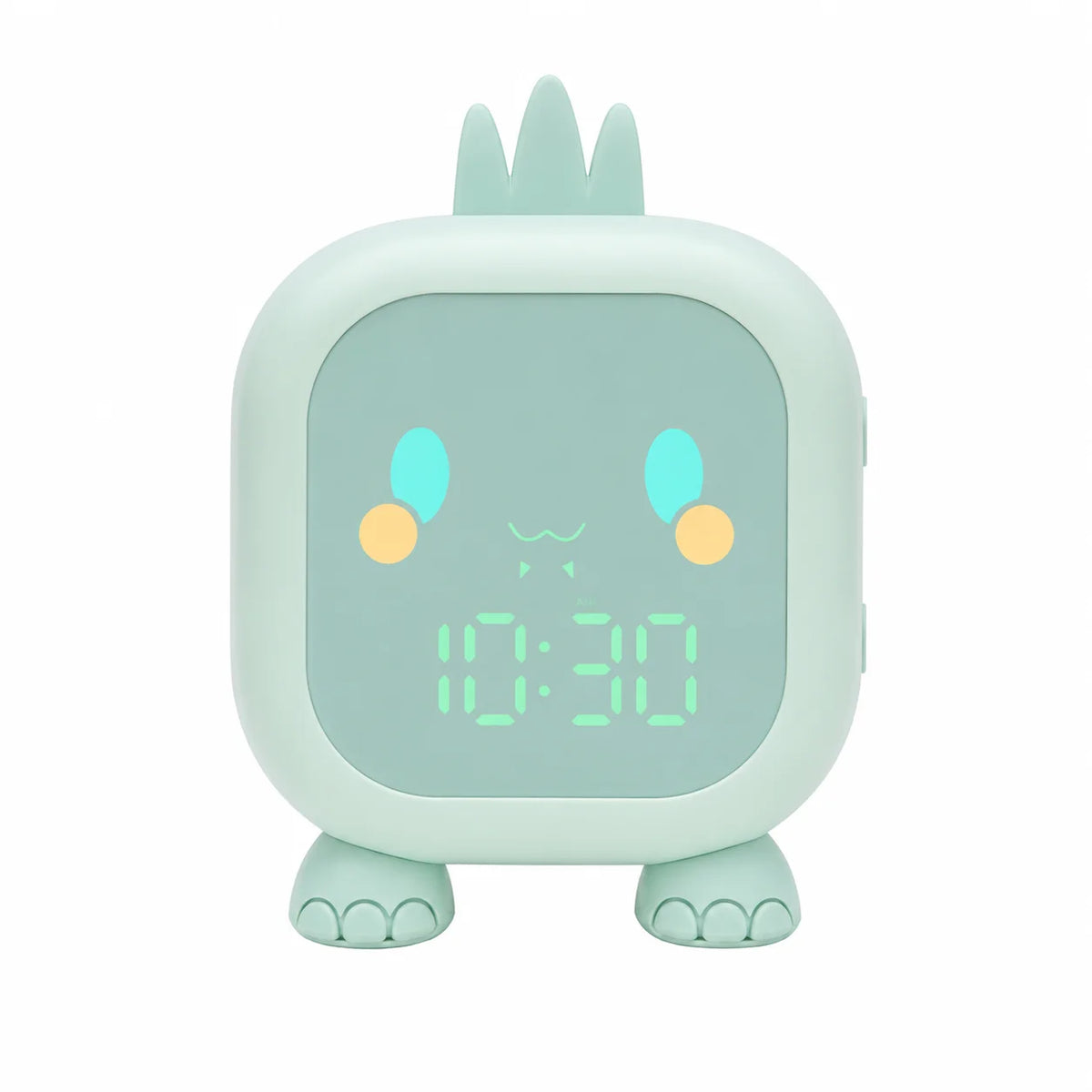 Réveil veilleuse dinosaure de couleur verte vu de face avec son affichage numérique lumineux sur fond blanc.