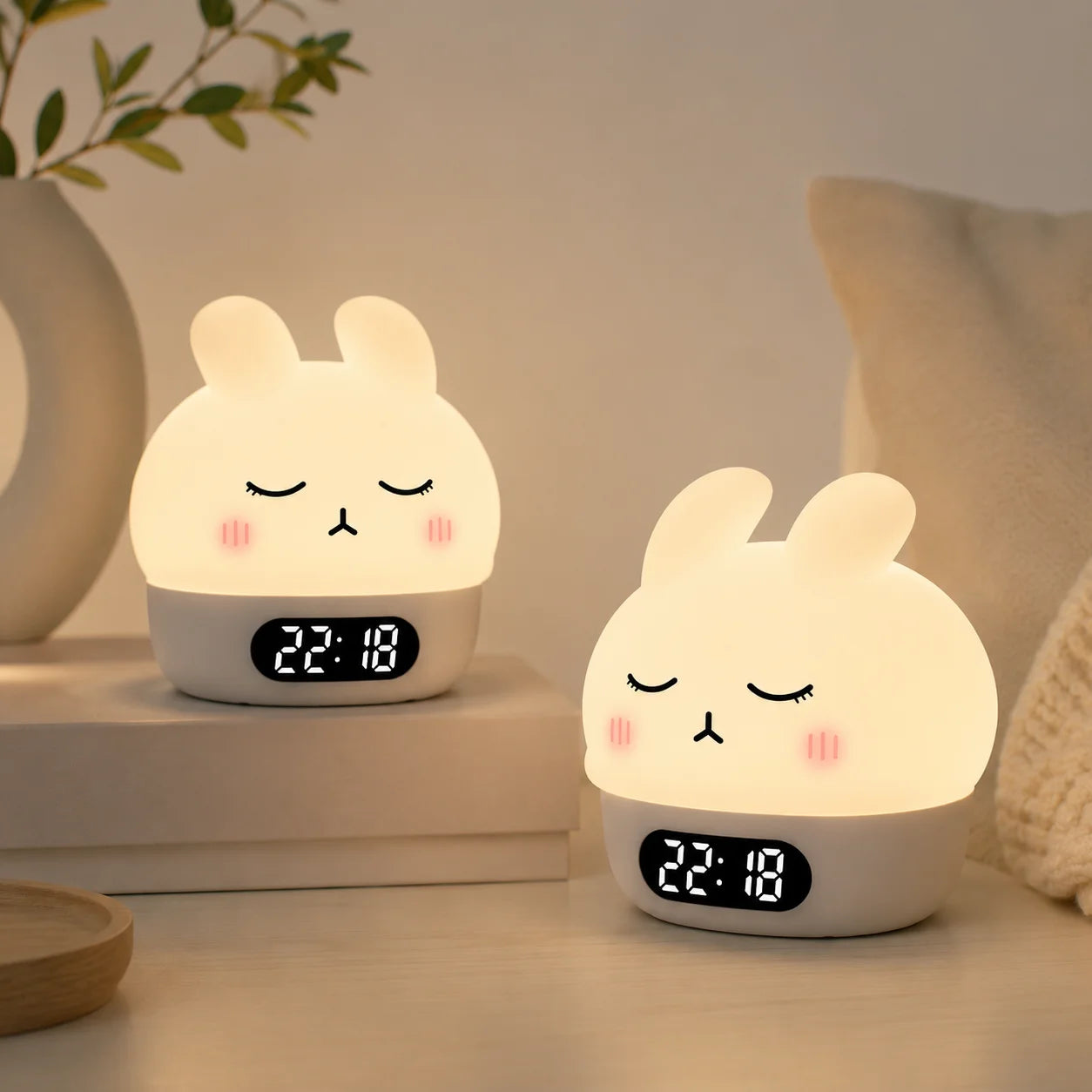Deux réveils veilleuses lapin aux yeux clos et joues roses allumés, disposés dans un décor doux et épuré.
