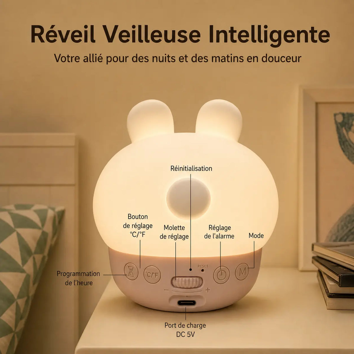 Infographie détaillée montrant la face arrière éclairée du réveil lapin avec les légendes des boutons de réglage, de la molette et du port de charge.