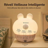 Infographie détaillée montrant la face arrière éclairée du réveil lapin avec les légendes des boutons de réglage, de la molette et du port de charge.