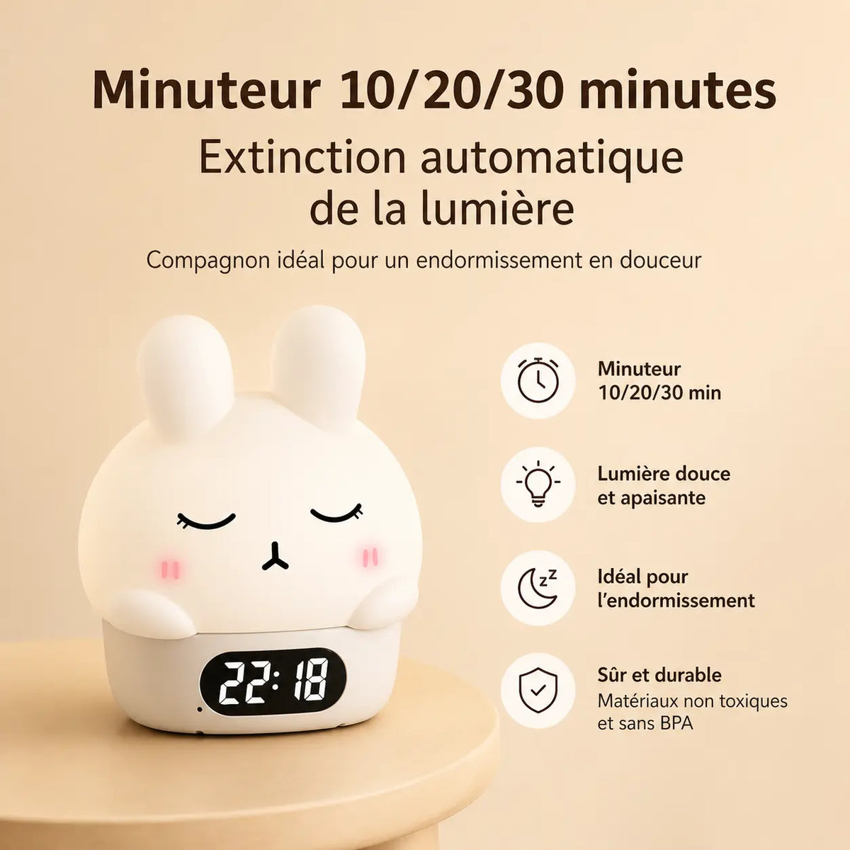 Infographie présentant les fonctions de minuteur 10, 20 et 30 minutes pour l'extinction automatique de la lumière du réveil lapin.
