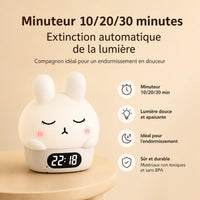 Infographie présentant les fonctions de minuteur 10, 20 et 30 minutes pour l'extinction automatique de la lumière du réveil lapin.