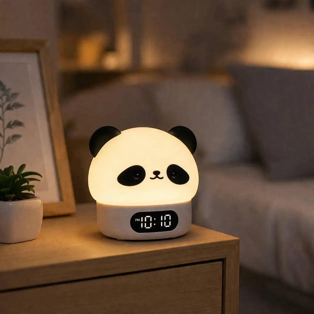 Réveil veilleuse panda allumé sur une table de chevet en bois dans une chambre d'enfant tamisée.