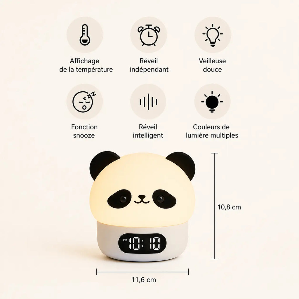 Infographie montrant les dimensions du réveil veilleuse panda et ses icônes de fonctionnalités comme le thermomètre et le snooze.