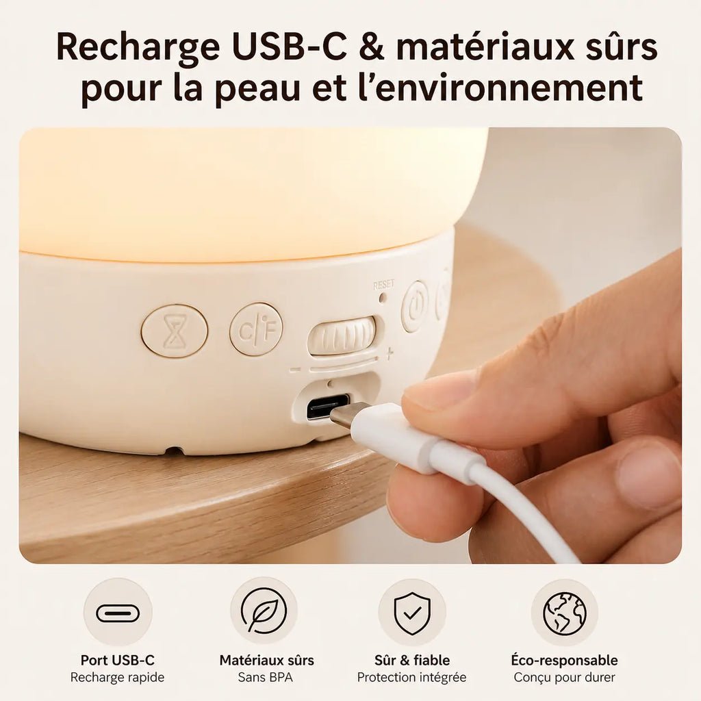 Gros plan sur une main qui branche un câble USB-C à l'arrière du réveil veilleuse panda pour illustrer sa recharge rapide.