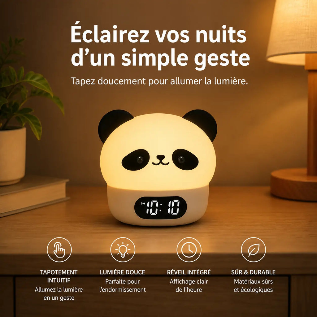 Infographie expliquant le système de tapotement intuitif pour allumer la lumière du réveil veilleuse panda.