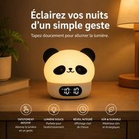 Infographie expliquant le système de tapotement intuitif pour allumer la lumière du réveil veilleuse panda.