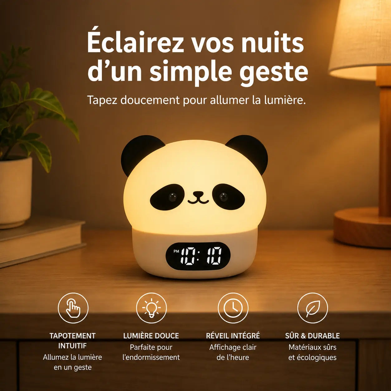 Infographie expliquant le système de tapotement intuitif pour allumer la lumière du réveil veilleuse panda.