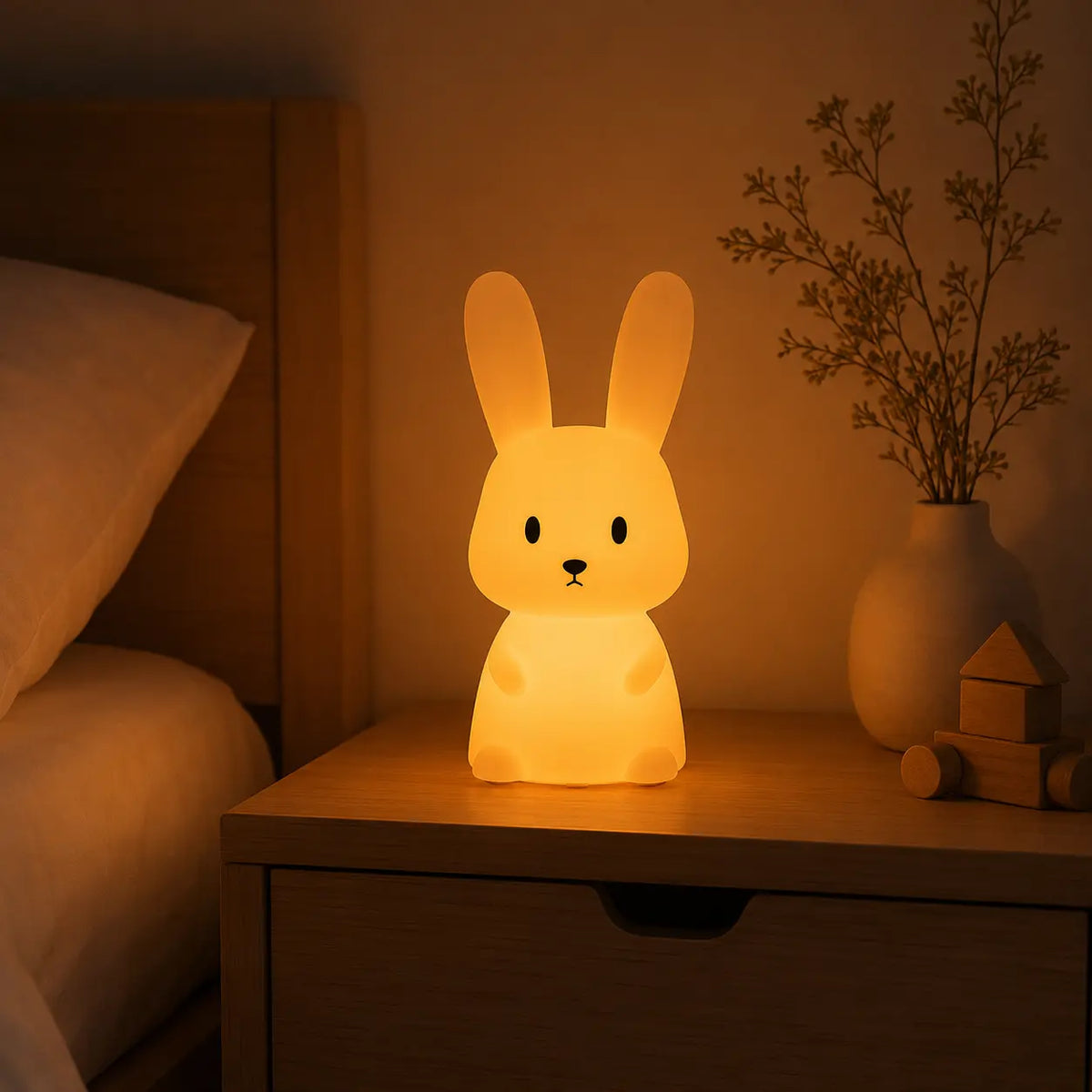 Veilleuse en forme de lapin allumée posée sur une table de chevet dans une ambiance chaleureuse.