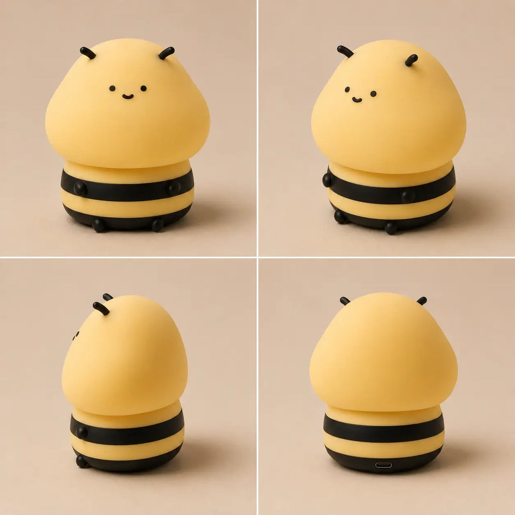 Planche produit d'une veilleuse bébé en silicone en forme d'abeille allumée, présentée sous quatre angles différents (face, trois-quarts, profil et dos) pour illustrer son design arrondi, ses rayures et son port de recharge USB sur un fond beige doux.