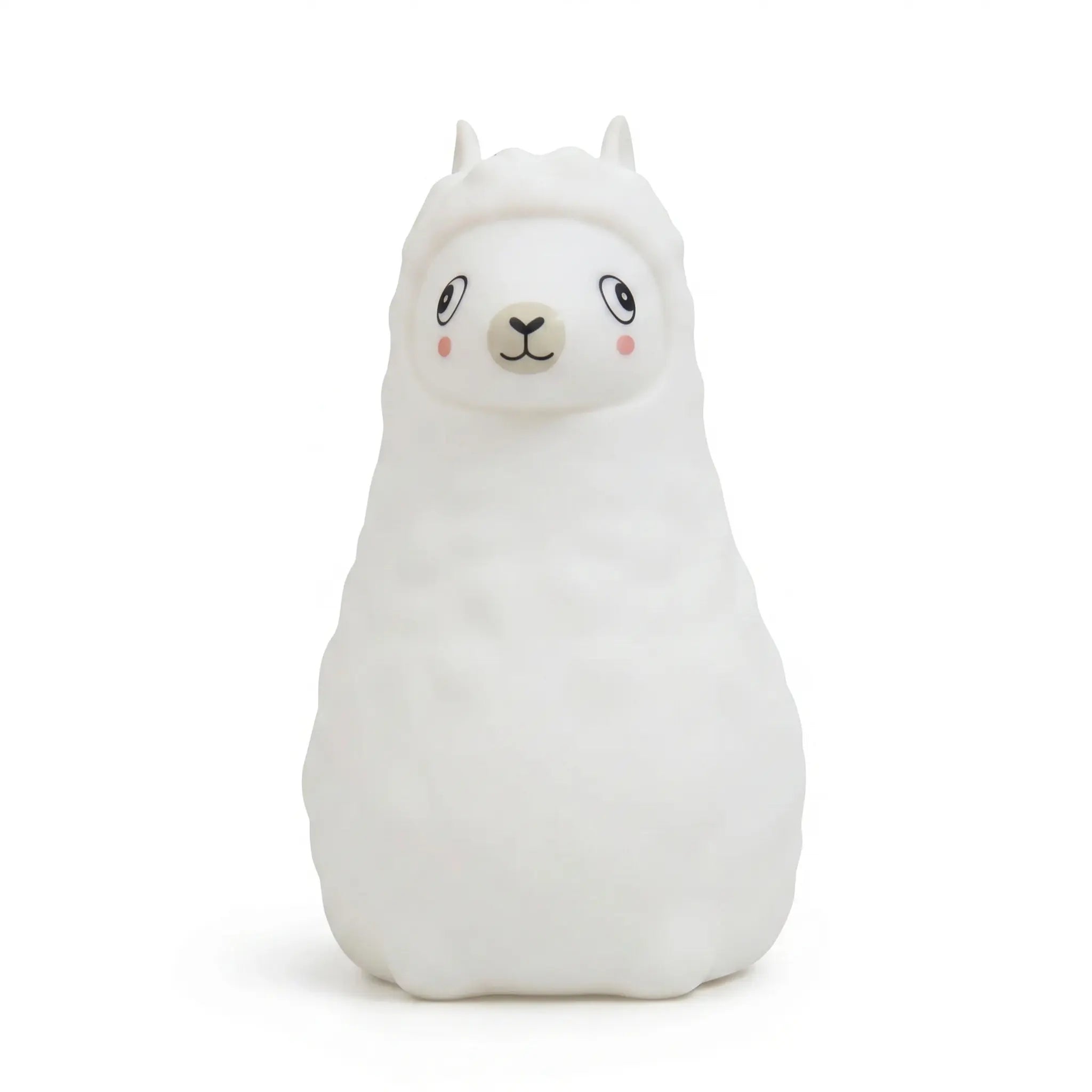 Veilleuse en silicone en forme de petit alpaga blanc sur fond blanc.