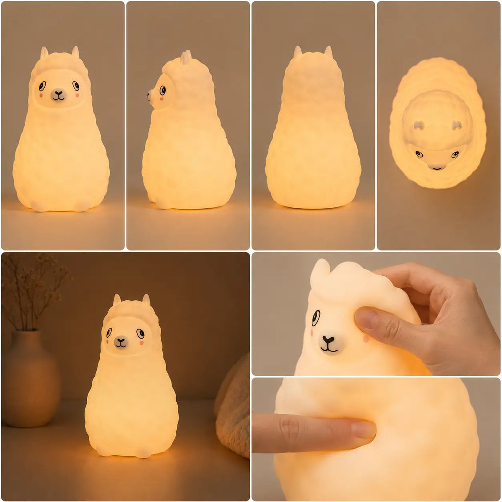 Différents angles de vue, texture souple en silicone et éclairage chaleureux de la veilleuse en forme de petit alpaga.