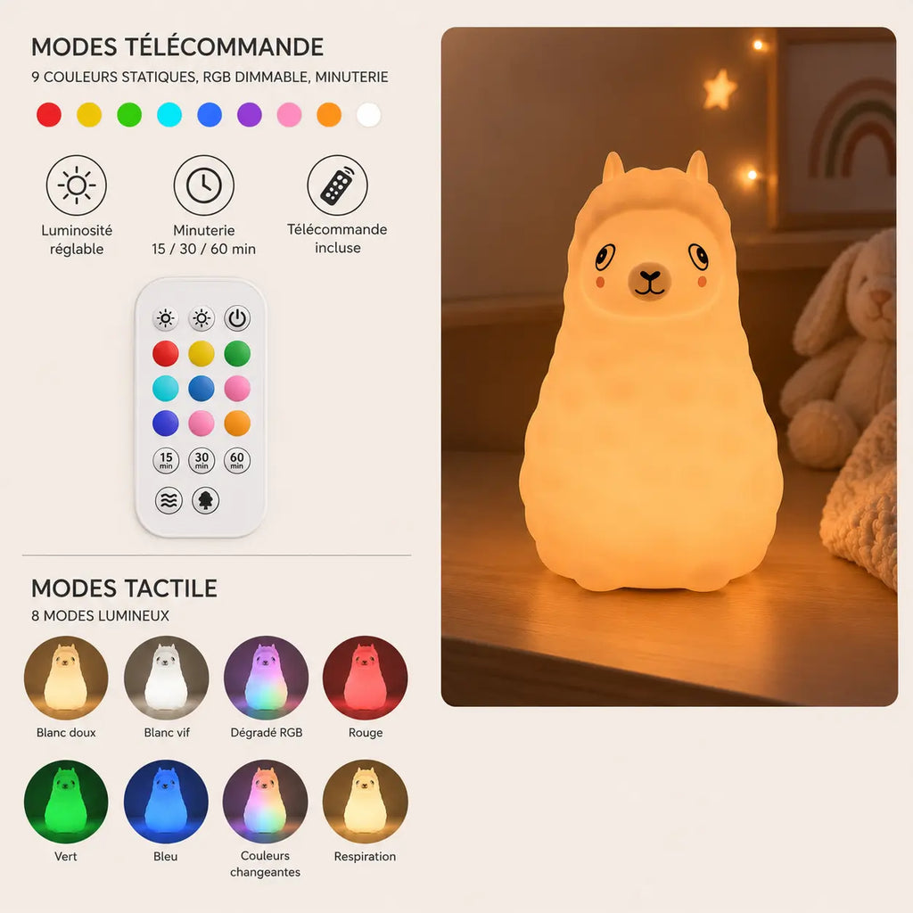 Infographie en français détaillant les modes télécommande et les modes tactiles de la veilleuse alpaga.
