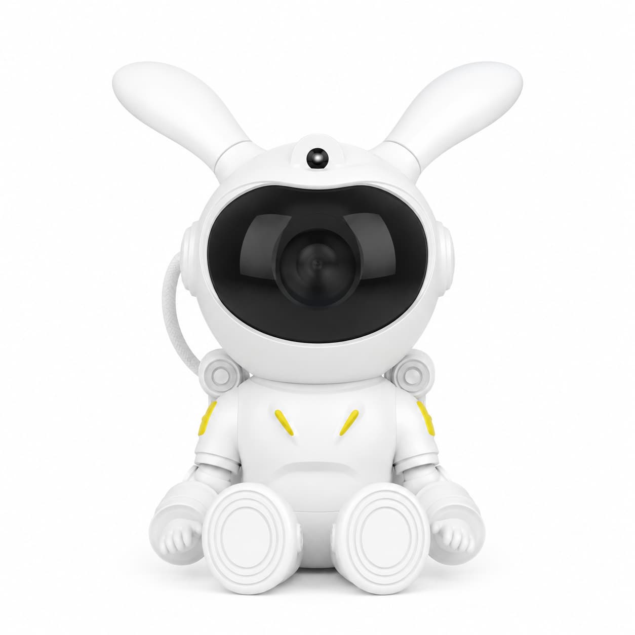Projecteur veilleuse astronaute lapin blanc en version assise avec ses détails jaunes sur fond blanc.