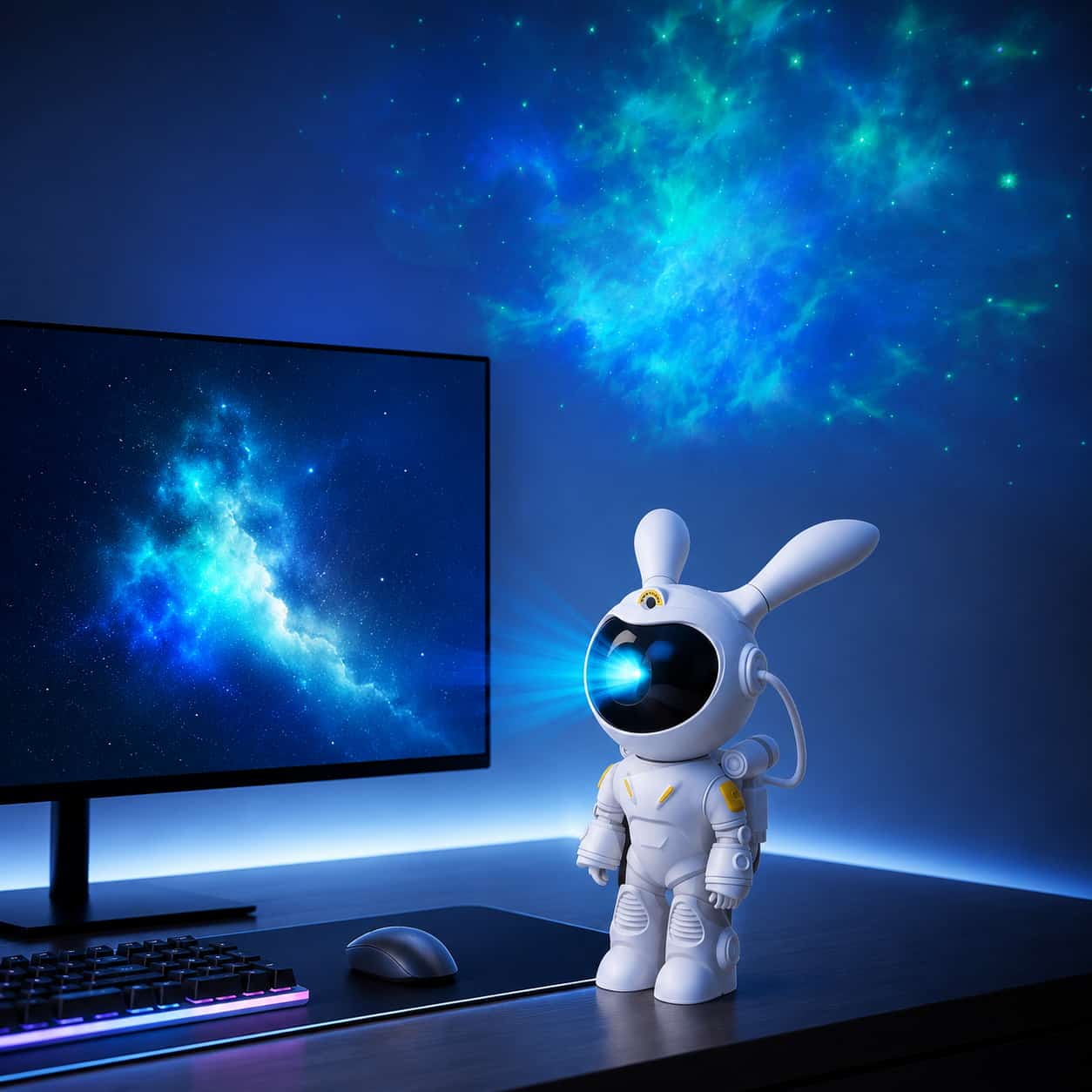 Veilleuse astronaute lapin debout installée sur un bureau projetant des effets de nébuleuse bleue sur le mur et l'écran d'ordinateur.