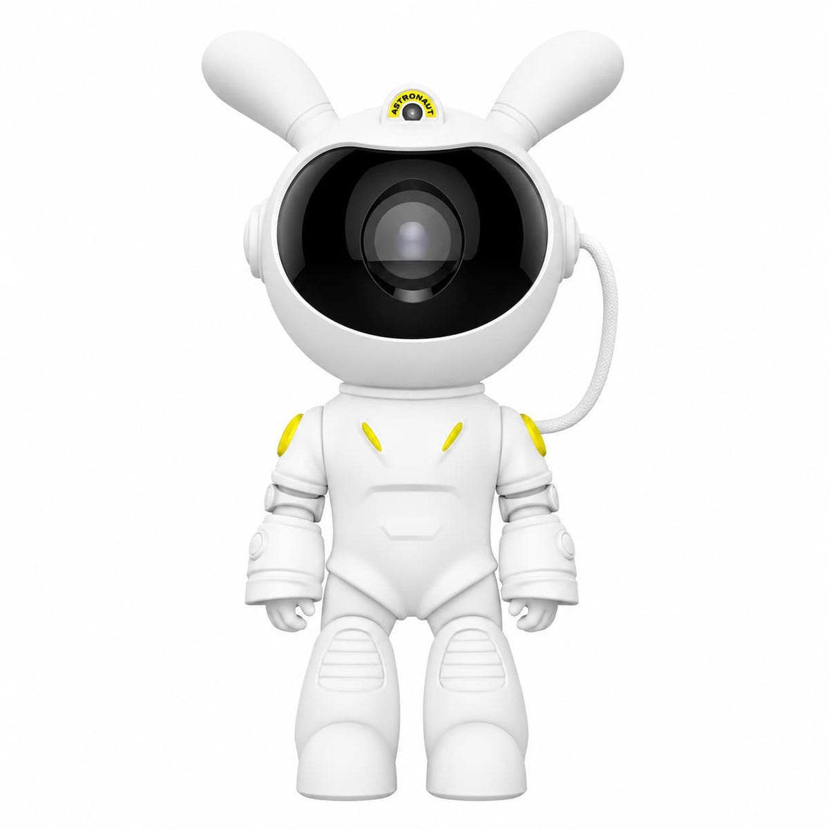 Projecteur veilleuse astronaute lapin blanc en version debout avec des oreilles de lapin et des détails jaunes sur fond blanc.