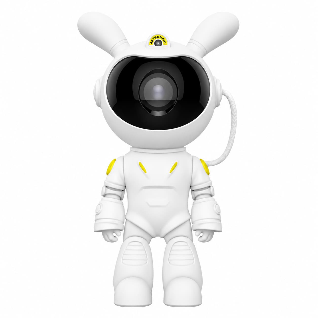 Projecteur veilleuse astronaute lapin blanc en version debout avec des oreilles de lapin et des détails jaunes sur fond blanc.