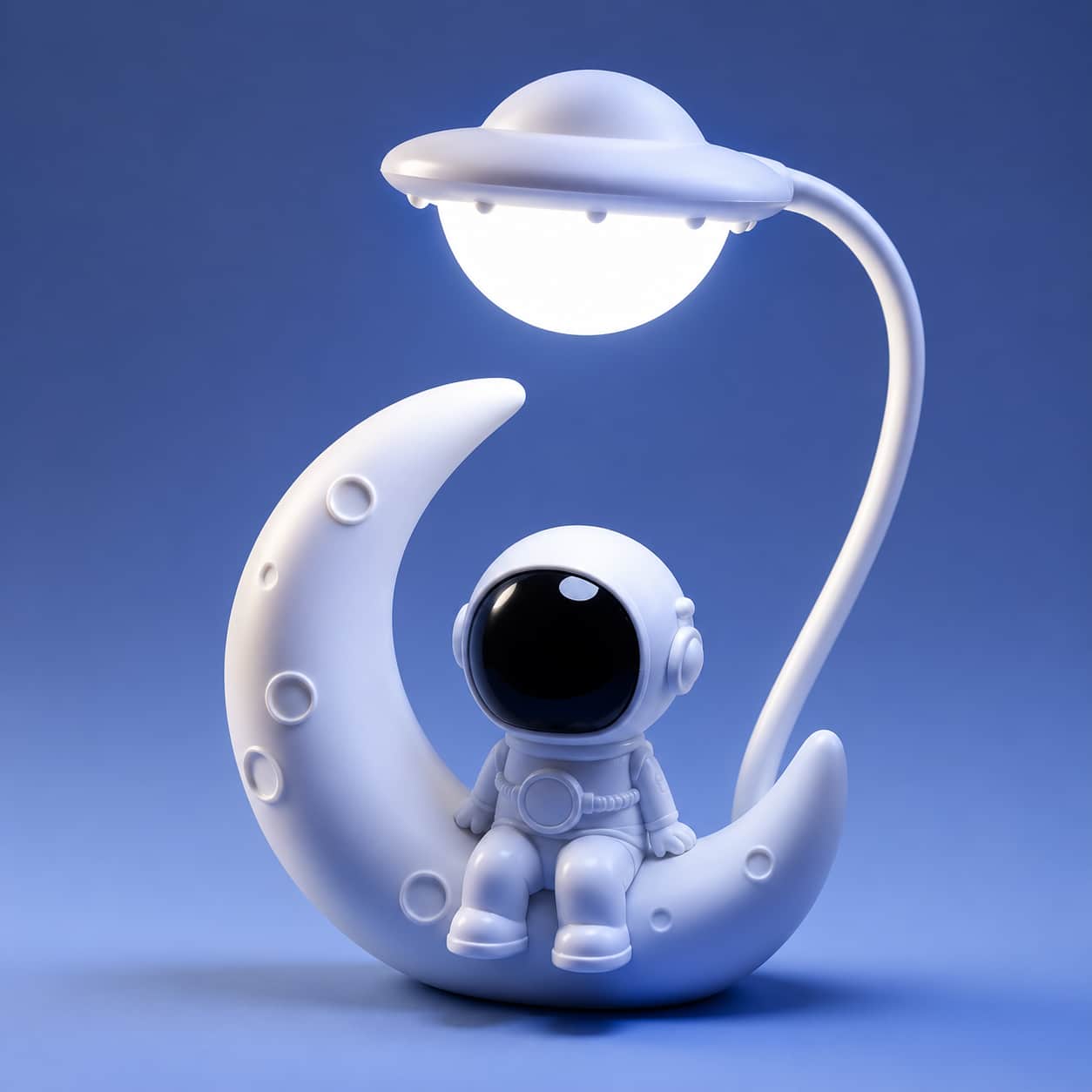 Veilleuse astronaute lune allumée diffusant une lumière blanche sur un fond bleu uni.