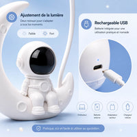 Infographie présentant les deux niveaux d'ajustement de la lumière et le port de recharge USB de la veilleuse astronaute.