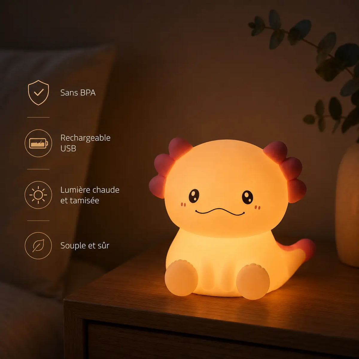 Infographie en français d'une veilleuse en silicone en forme d'axolotl allumée sur une table de chevet en bois, détaillant ses caractéristiques : sans BPA, rechargeable via USB, lumière chaude et tamisée, ainsi que sa texture souple et sûre.