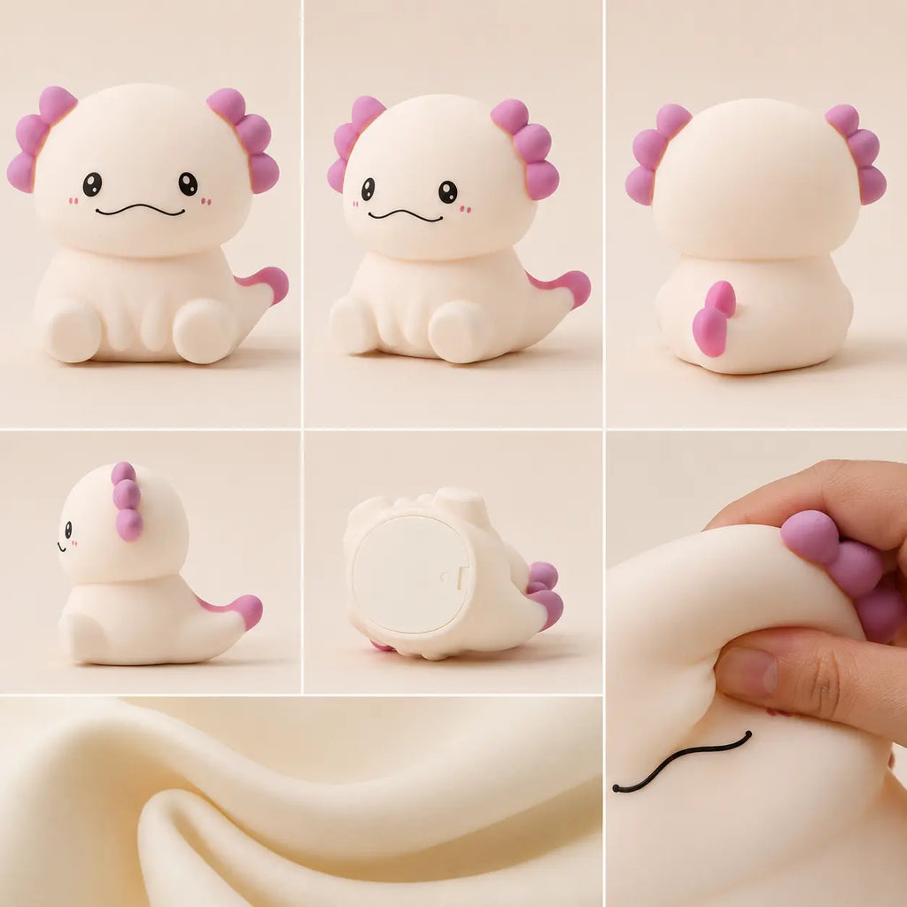 Planche produit d'une veilleuse bébé en silicone en forme d'axolotl éteinte, illustrée sous plusieurs angles (face, trois-quarts, dos, profil, dessous de la base). Les encadrés du bas mettent en valeur la souplesse de sa texture avec un doigt pressant le silicone souple et un zoom sur les plis du matériau malléable sur fond beige doux.