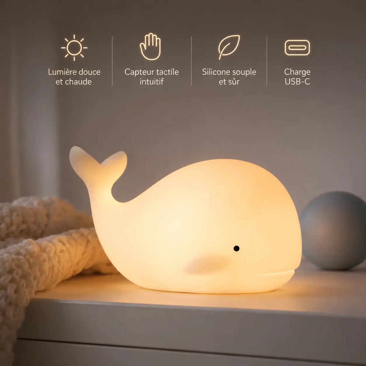 Veilleuse baleine en silicone illuminée avec pictogrammes : lumière douce et chaude, capteur tactile intuitif, silicone souple et sûr, charge USB-C