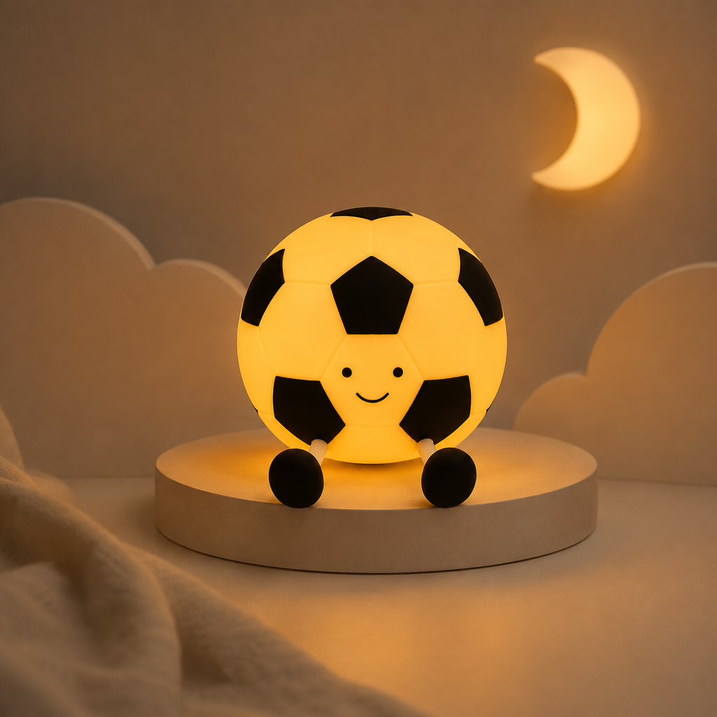 Veilleuse ballon de football allumée dans un décor nocturne apaisant pour chambre d'enfant