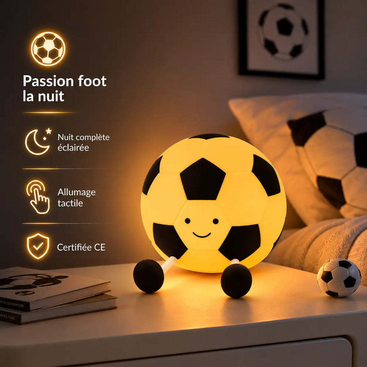 Veilleuse ballon de football éclairée sur table de nuit présentant ses fonctionnalités d'allumage tactile et sa certification CE