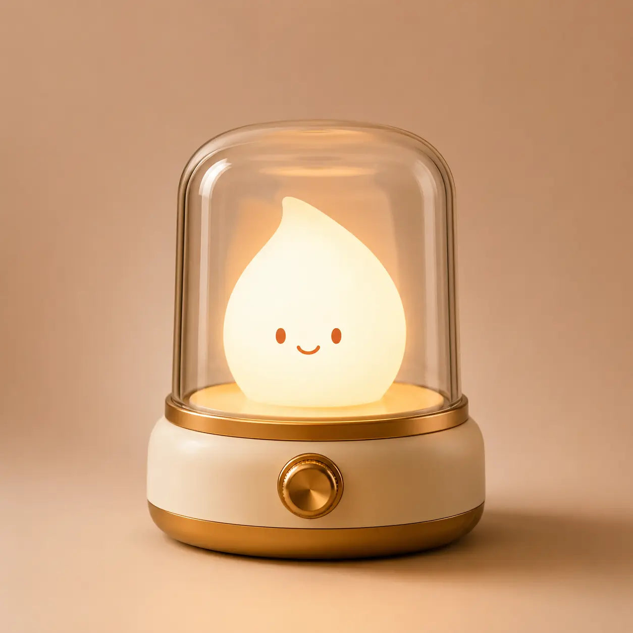 Veilleuse bougie LED coloris beige allumée diffusant une lumière chaude sous son dôme transparent.