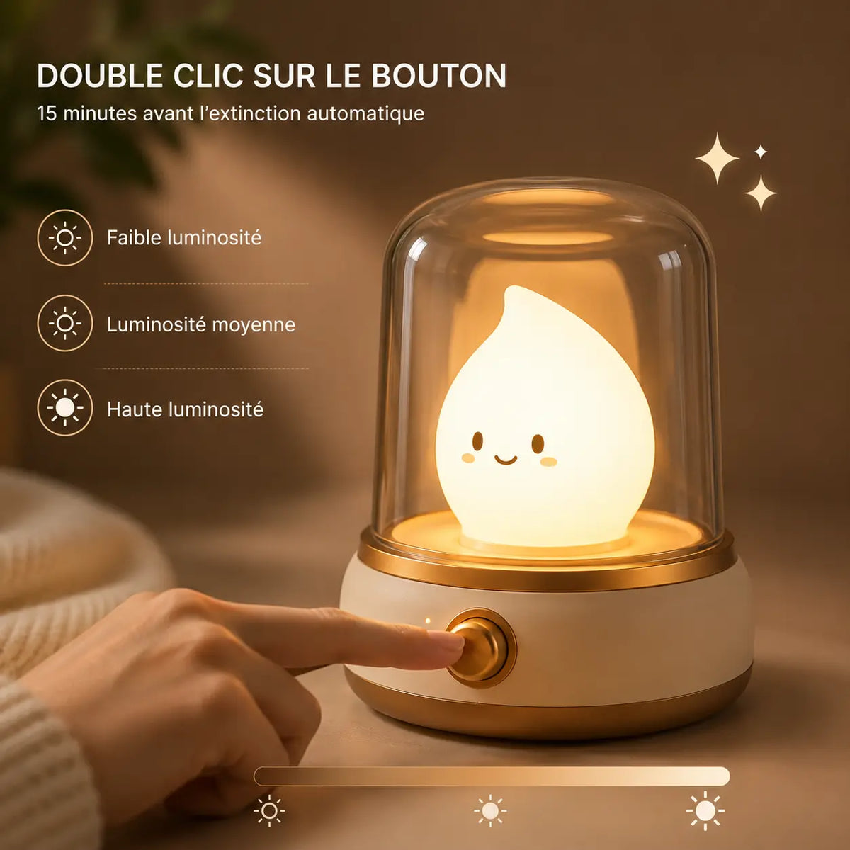 Infographie montrant une main réglant le bouton de la veilleuse bougie LED pour ajuster l'intensité et activer l'extinction automatique.