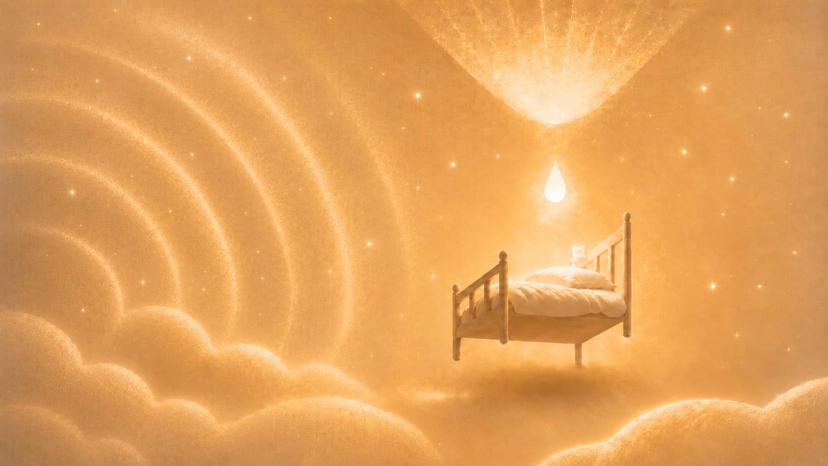 Veilleuse et appareil à bruit blanc dans les nuages représentant une chambre d’enfant chaleureuse avec un lit entouré d’une lumière douce.