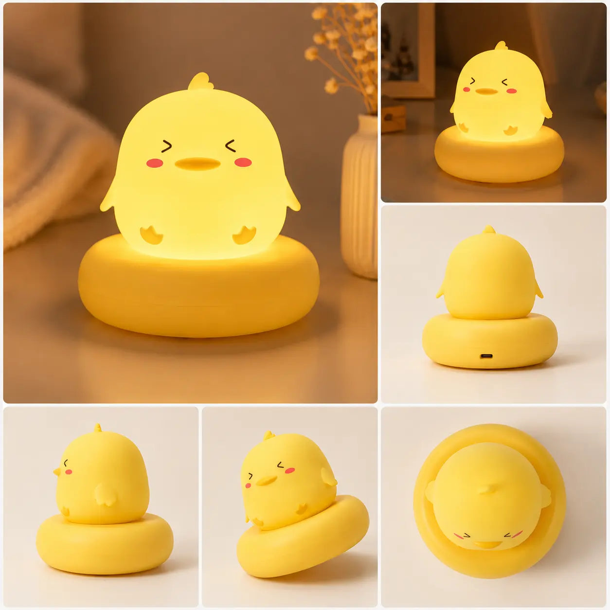 Grille de six photos présentant une veilleuse jaune en forme de petit canard allumée sous différents angles de vue. Le produit repose sur son large socle circulaire assorti au cœur d'un décor de chambre doux. Les vignettes montrent la veilleuse de face, de dos mettant en évidence la coque lisse et le port de charge USB à sa base, de profil, de trois-quarts sous deux inclinaisons, ainsi que selon une vue plongeante aérienne.