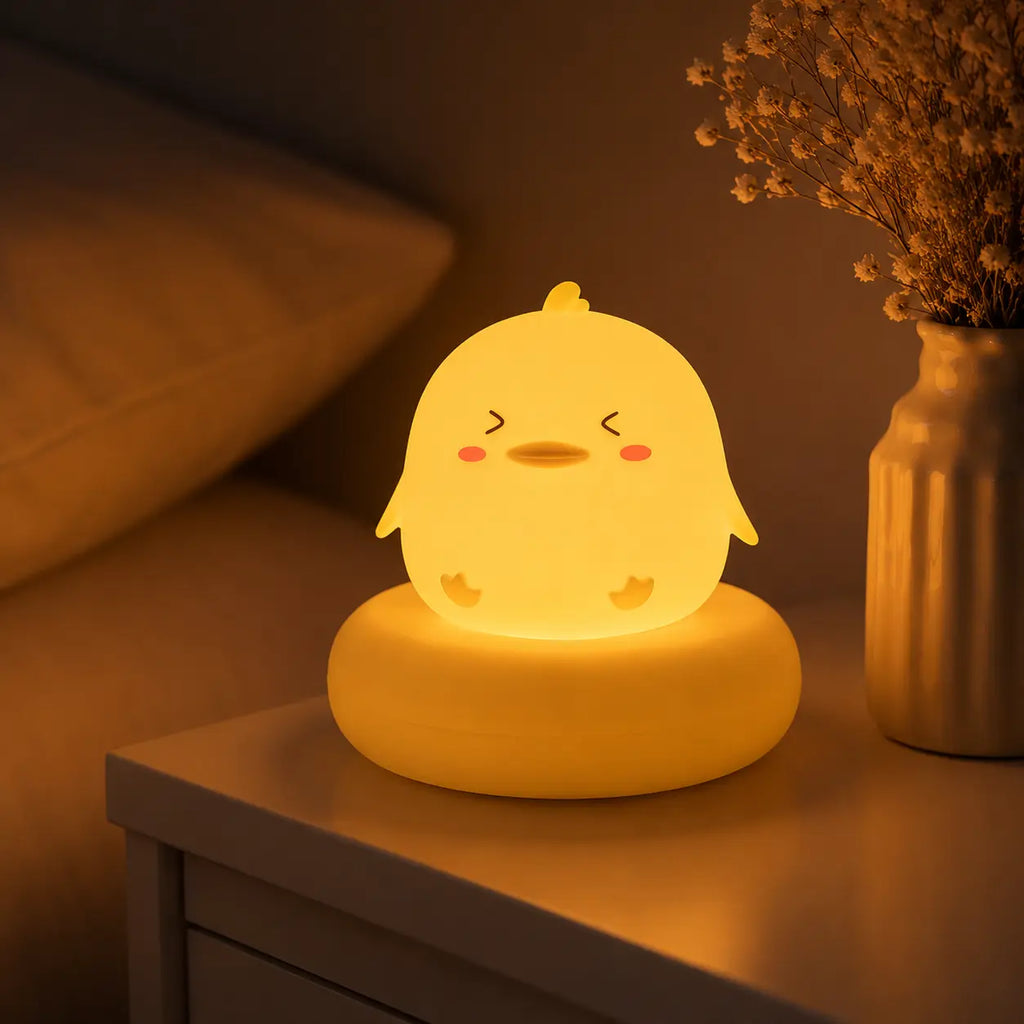 Veilleuse jaune en forme de petit canard allumée, posée sur son large socle circulaire assorti sur une table de chevet à côté d'un lit. Elle diffuse une lueur chaude et tamisée dans une chambre à coucher à l'ambiance douce et apaisante, juste à côté d'un petit vase blanc contenant des fleurs séchées.