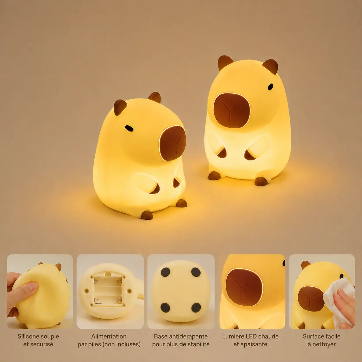Infographie détaillée de la veilleuse capybara montrant le silicone souple, le compartiment à piles, la base antidérapante et la surface lavable.