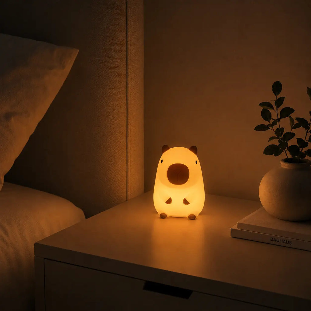 Petite veilleuse capybara allumée diffusant une lumière chaude sur une table de chevet moderne, créant une atmosphère de nuit apaisante.