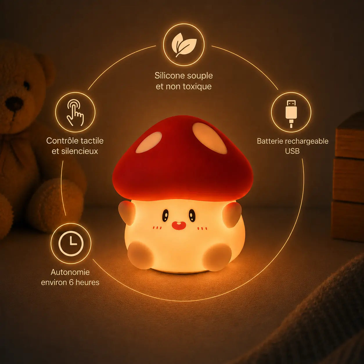 Infographie en français présentant les fonctionnalités d'une veilleuse champignon en silicone allumée. Le produit est entouré d'un cercle lumineux reliant quatre pictogrammes explicatifs : silicone souple et non toxique en haut, batterie rechargeable USB à droite, autonomie d'environ 6 heures en bas à gauche, et contrôle tactile et silencieux au-dessus. Un ours en peluche apparaît discrètement en arrière-plan.