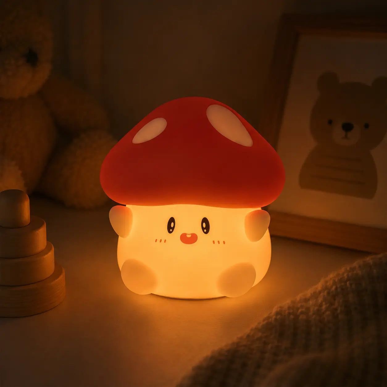 Veilleuse en silicone en forme de petit champignon mignon et allumée, posée dans une chambre d'enfant à l'ambiance tamisée. Elle diffuse une lueur chaude et rassurante sur un meuble, à côté d'un cadre photo en bois illustrant un ours, d'un jeu à empiler en bois et d'une peluche en arrière-plan.