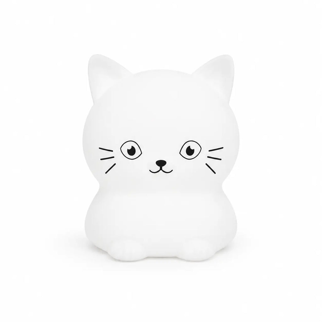 Veilleuse en silicone en forme de petit chat blanc sur fond blanc.