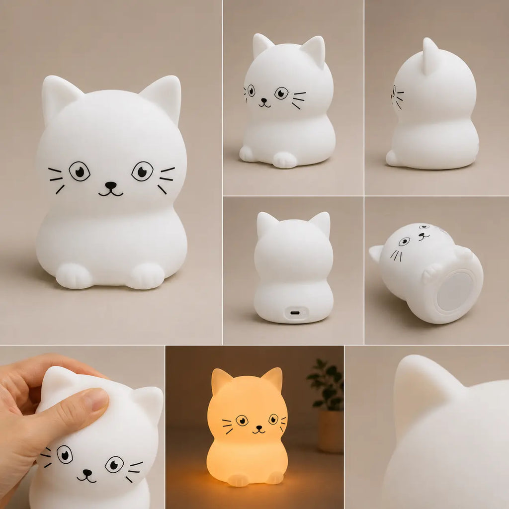 Différents angles de vue, texture souple en silicone et éclairage chaleureux de la veilleuse en forme de petit chat.