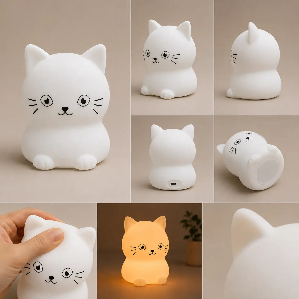 Différents angles de vue, texture souple en silicone et éclairage chaleureux de la veilleuse en forme de petit chat.