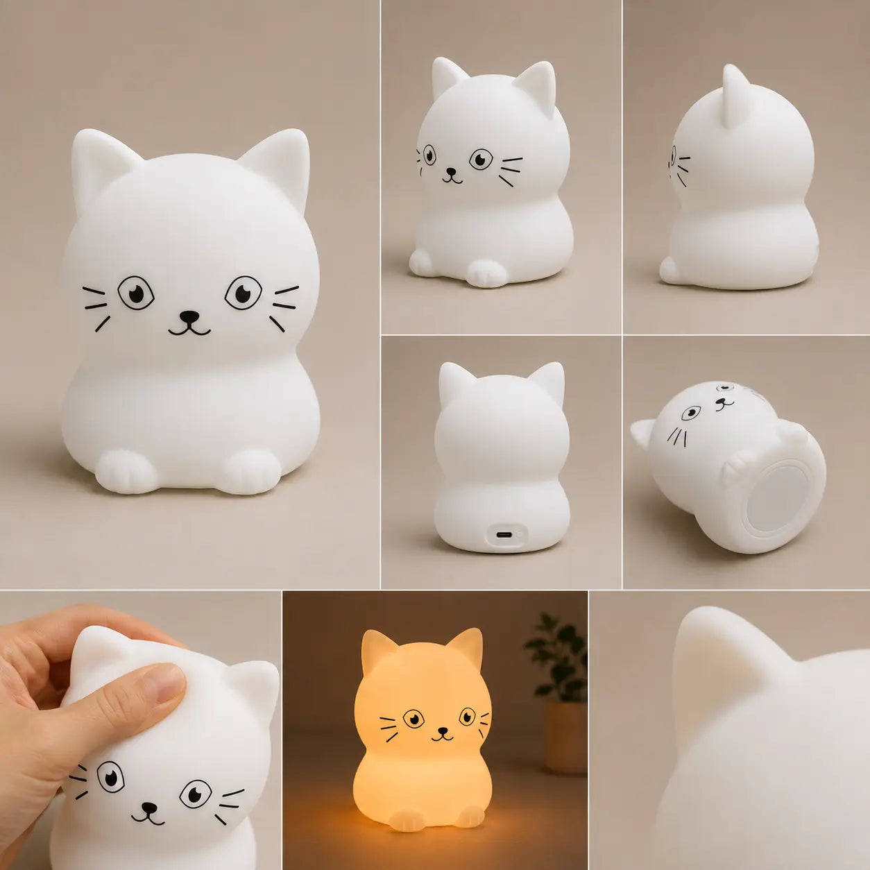 Différents angles de vue, texture souple en silicone et éclairage chaleureux de la veilleuse en forme de petit chat.